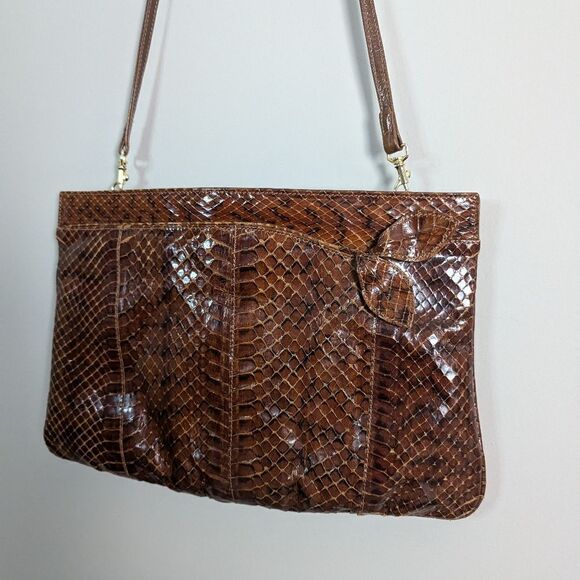 Vintage Leather Purse, Embossed Faux Snake Skin shoulder bag brown 1970s - Picture 4 of 10